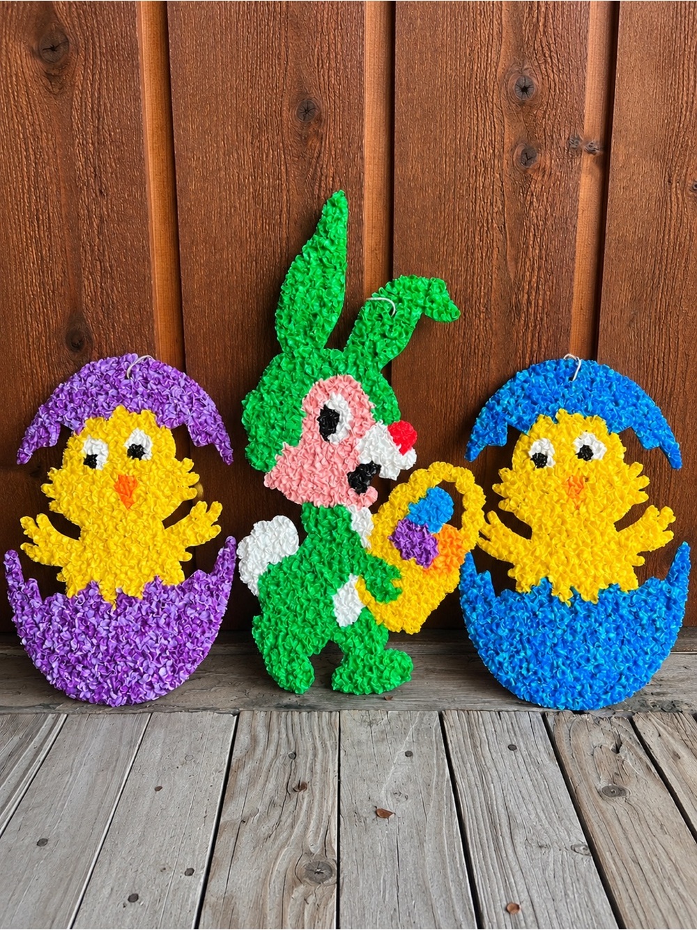 Vintage Melted Plastic Popcorn Easter Wall Decor 3 Piece Bunny Chick Set